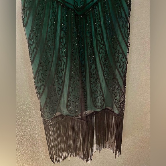 20’s Flapper Beaded Cocktail Green and Black Dress Fringe Cap Sleeve Size S - Picture 3 of 13